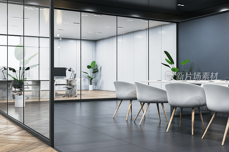 现代的木质、混凝土和玻璃会议室内部配有家具和隔墙。工作场所的概念。3 d渲染。